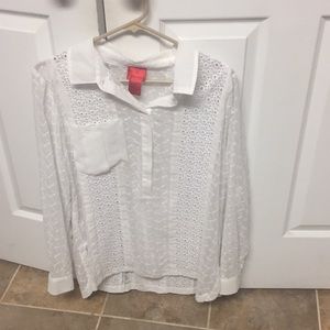 Size Large Cristina sheer white floral top.